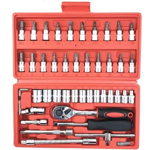 46Pcs 1/4'' Inch Car Repair Tools Socket Set Wrench Ratchet Torque Auto Hand Tool Cabinet DIY Vehicle Repairing Toos Box