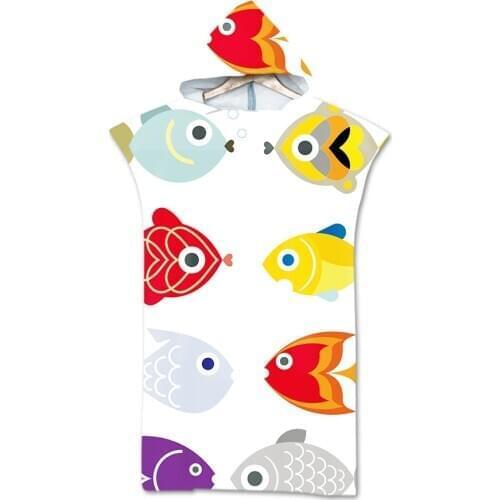 Printed Cartoon fish Microfiber Hooded Bath Beach Towel Changing Robe Poncho Surf Towel for Swimming Beach Outdooor Bathrobe