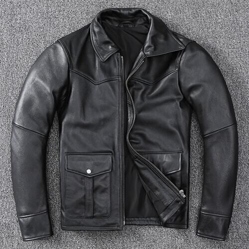 Free shipping.New arrival.Genuine Leather jacket.Dad‘s black cowhide clothes.men leather coat.father casual leather clothing