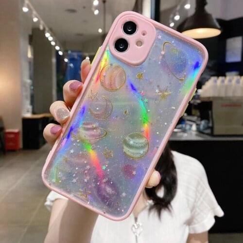 Gimfun Glitter Laser Planet Moon Phone Case for iPhone 11 12 Mini Pro Max XS Max X XR 7 8 Plus Pink Soft Clear TPU Bumper Cover