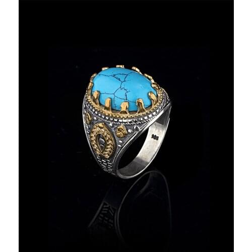 Elegant 925 Sterling Silver Natural Turquoise Stone Mens Jewellery Rings