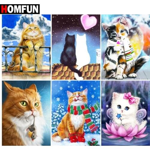 HOMFUN Rhinestone Painting Crystal Decor Diy Diamond Painting "Cat animal" 3D Cross Stitch Pattern Diamond Embroidery