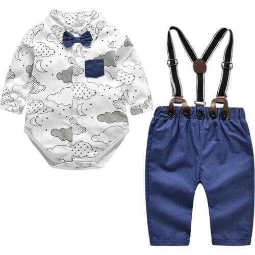 Infant Baby Boy Spring Autumn Clothes Set Fashion Wedding Baptism 100% Cotton Spring Kids Boy Clothing Bodysuit+Belt Pant Outfit