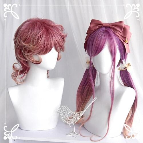 CosplayMix 25-40CM Lolita Party Sweet Pink Purple Ombre Long Curly Hair Bangs Heat Resistant Synthetic Cosplay Wig+Cap