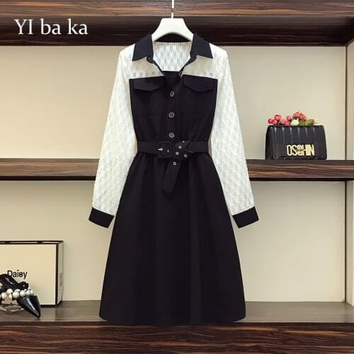 L-5XL plus size women elegant vintage autumn dress fashion long sleeve turn down collar patchwork office female dresses vestido