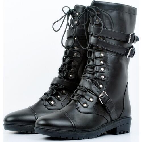 Lace Up High Vamp Motorcycle Boots Low Heels Street Casual Comfortable Women Booties Buckle Decor Round Toe Leather Black Shoes