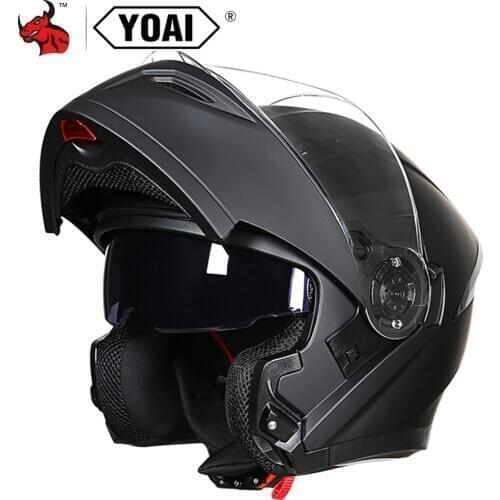 YOAI Motorcycle Helmet Racing Modular Dual Lens Motocross Moto Helmet Full Face Helmets Flip Up Casco Moto Capacete Casque Black