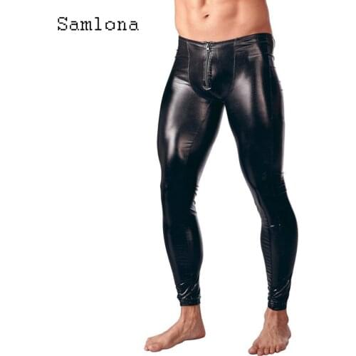 Samlona Men PU Leather Pants Autumn 2021 Punk Style Plus size Male Sexy Fashion Zipper Trousers Black Faux Leather Skinny Pants
