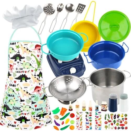 37pcs Kids Cooking Toys Set Apron Hat Chef Role Play Toys Stainless Steel Vegetable And Fruit Pepper Bottle Cooking Pretend Toy