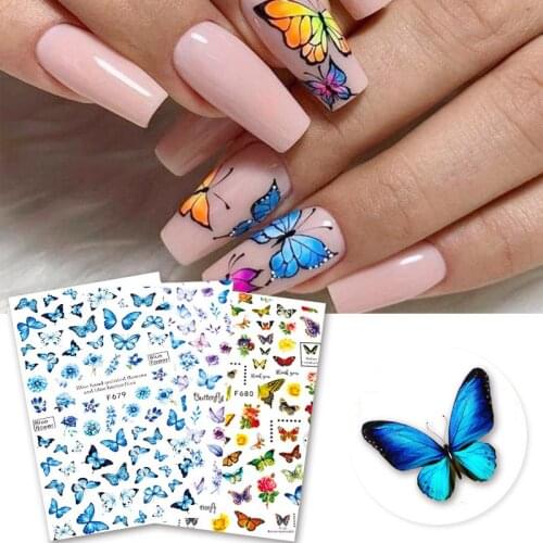 New 1 Sheet Holographic Butterflies Series Nails Art Stickers Colorful Decals Spring Summer 3D Waterproof Nail Art Decoration