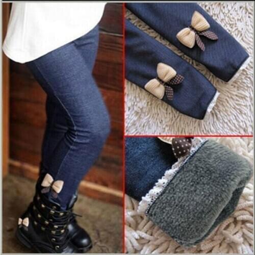 New Kids Girls Jeans Bow Pants Cotton Cashmere Warm Elastic Waist Girls Leggings Winter Autumn Children Pants Retail Trousers