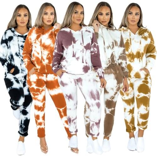 Autumn Fashion Casual Two-piece Suit Yellow Tie Dye Slim Women Sports Suit Long Sleeve Hooded Neck Pencil Pants 2PC Set 5 Colors
