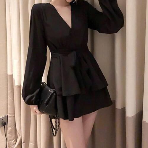 High Waist Pullover Spring and Autumn New Girls V-neck A-lineskirt Loose Cross Tie Long Sleeve Women Dress Sexy Elegant Dress