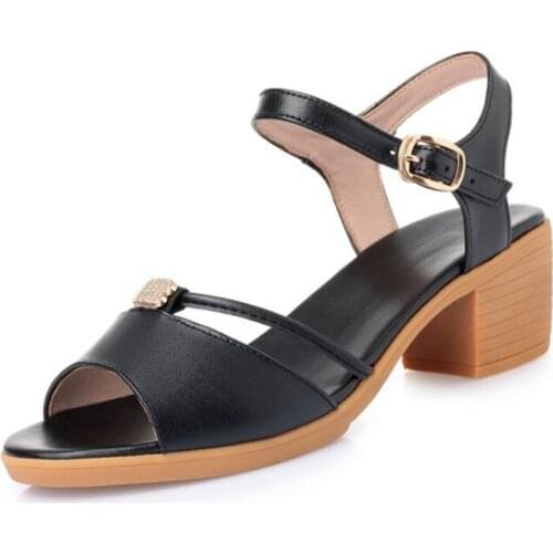 Large Size Open Toe Summer Womens Sandals 2019 New Fashion Thick Heel Shoes Woman Summer Sandals Genuine Leather Sandals