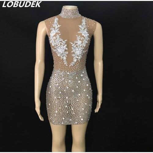 Sexy See Through Short Dress Turtleneck Nude Mesh Silver Rhinestones Bodycon Outfit Women Birthday Prom Evening Party Stage Wear
