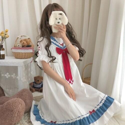 Spring and Autumn New Loli Japanese Soft Girl Sailor Collar Cute Wind Dress Lolita Bow Lewdaily Dress