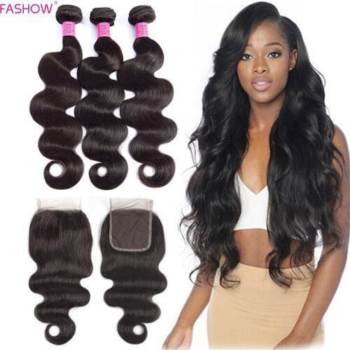 Fashow Hair Peruvian Body Wave Human Hair Bundles With 4*4 Lace Closure 3 Bundles with Hand Tied Closure Better Remy Hair Weaves