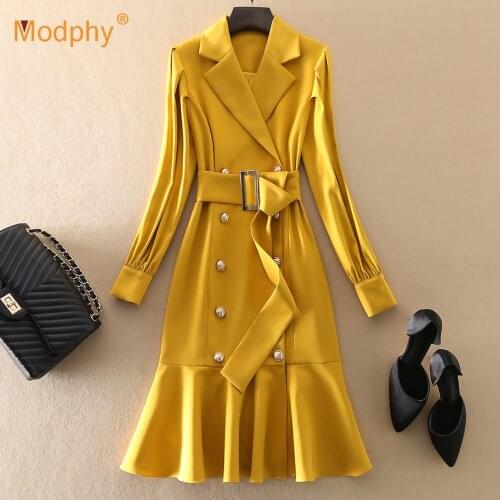 High Quality Elegant Mermaid Evening Party Dress Women 2021 Spring Double Breasted Belt Midi Fishtail Designer Runway Vestidos