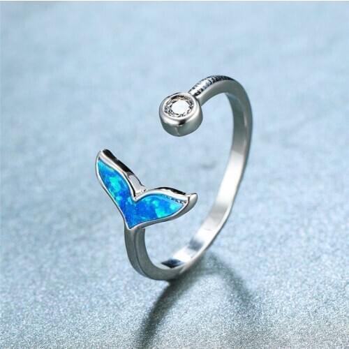 Cute Fishtail Blue/White Fire Opal Opening Adjustable Rings For Women White Gold Engagement Promise Ring Luxury Wedding Jewelry