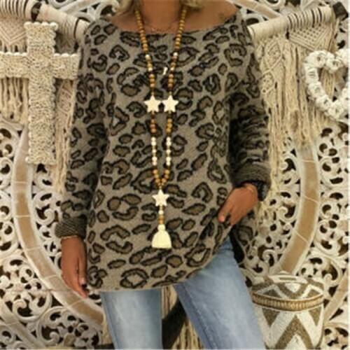 Umeko Autumn Winter Leopard Print Big Round Neck Sweater Long Sleeve Warm Women Sweater Coat Wild Fashion Multicolor Sweater