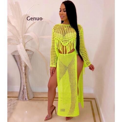 Hollow Out Knitted Two Piece Set Dress Long Sleeve Tassel Crop Top High Slit Maxi Skirt Casual Women Clothing Beach Wear