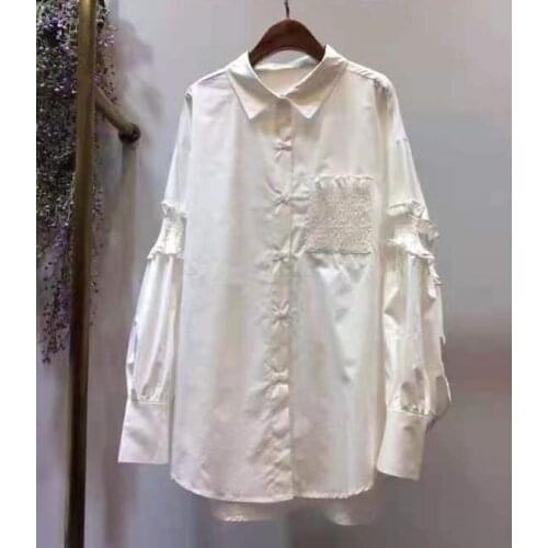 Newest Fashion Long Shirt Dress 2021 Autumn Women Turn-down Collar Pleated Ruffle Patchwork Long Sleeve Casual Long Tops Dress