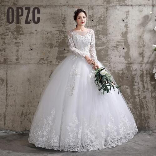 New Summer Korean Light wedding dress Vestidos De Novia off white bride O-neck dream princess simple Long Sleeve Lace appliques