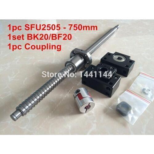 1pc SFU2505- 750mm ballscrew with ball nut + BK20/BF20 Support + 17*14mm Coupling, according to BK20/BF20 end machined CNC Parts