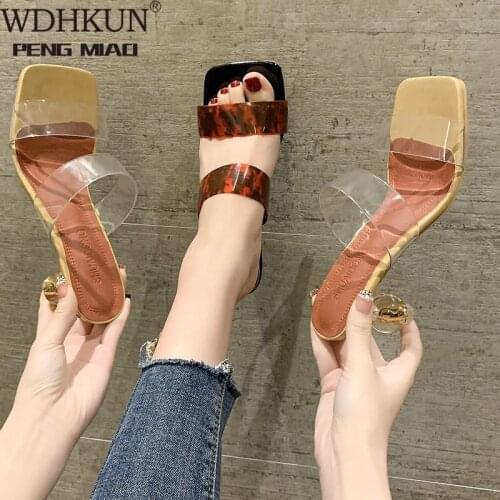 2021 New Summer Clear Transparent Slippers Female Slides Women Shoes Woman Mules Thick Mid Heels Ladies Slippers Plus Size