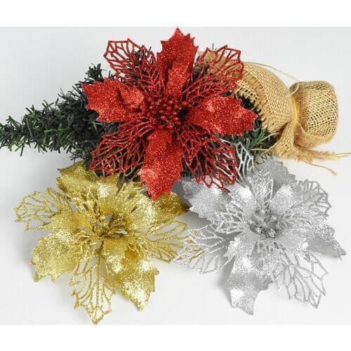 5pcs 16cm Glitter Artificial Flower for Christmas Tree Garland Decoration DIY Christmas Ornament New Year Home Decor