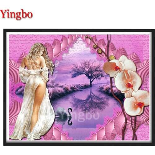Full square round diamond painting Sexy woman orchid swan lake scenery diamond embroidery 5D rhinestone mosaic diamond inlaid