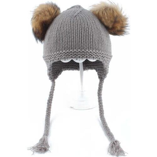 Baby Winter Hat For Kids Ears Protection Ponytail Beanie Double Real Fur Pompom Hat Boys Girls Hat Children Knitted Cute Cap