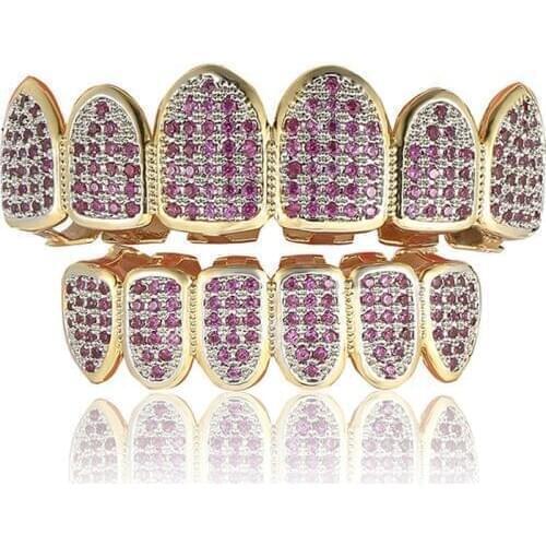 Hip Hop Teeth Grillz Iced Out AAA Zircon Top & Bottom Tooth Set For Men Women Rose Red Fashion Tooth Grillz