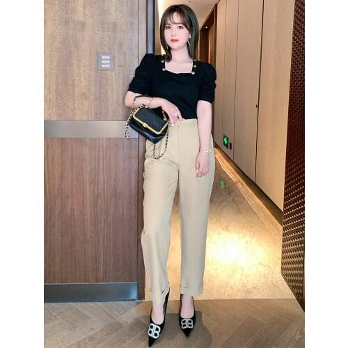 High quality Square neck bubble sleeve short sleeve top+Hem tapered high waisted pants suit new pattern