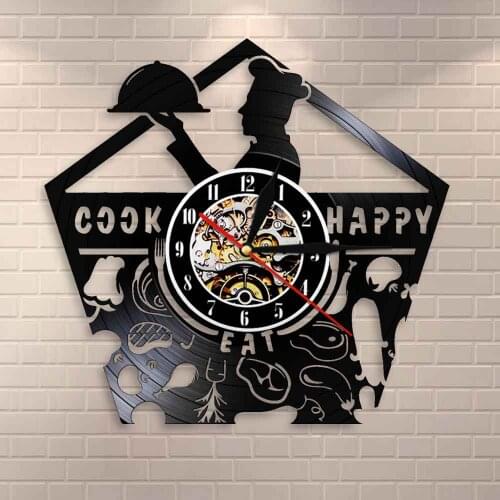 Kitchen Decoration Culinary Vinyl Record Wall Clock Bon Appetit Happy Cook Wall Art Chef Wall Clock Gastronome Housewarming Gift