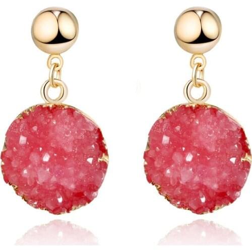 Fashion Gold Color Round Fake Druzy Earring For Women 2020 Bohemian Handmade Pink Resin Stone Long Drop Earrings Design Jewelry