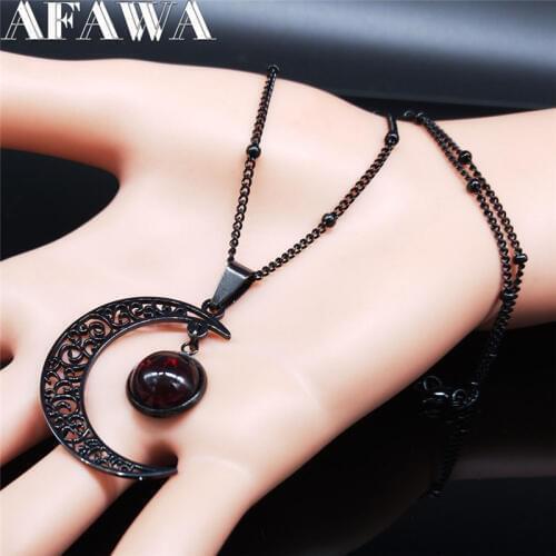 Moon Stainless Steel Women Necklace Black Color Necklace and Red Class Bead Necklace Chain Jewelry collier femme N1130S03