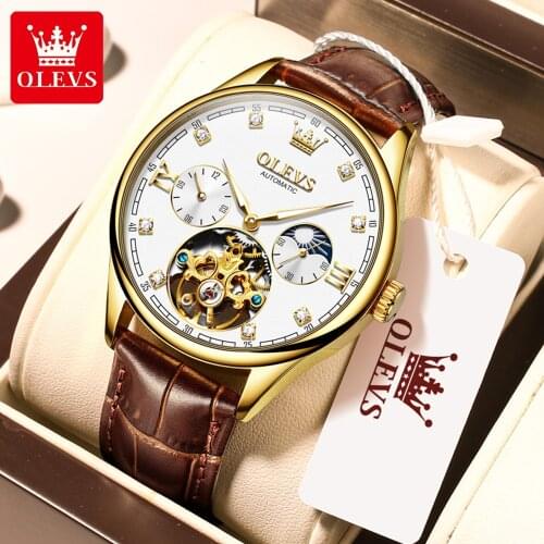 OLEVS Men Watches Fashion Leather Waterproof Luminous Wristwatch Flywheel Dial Luxury Mens Mechanical watches Relogio Masculino