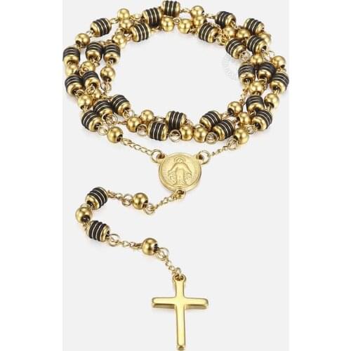 Davieslee Womens Mens Necklace Stainless Steel Chain Bead Rosary Long Necklace Jesus Christ Cross Prayer Jewelry DLKN434