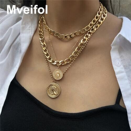 Mveifol Punk Multi Layered Portrait Coin Pendant Necklace For Women Chunky Thick Cuban Link Chain Choker Necklace Punk Jewelry