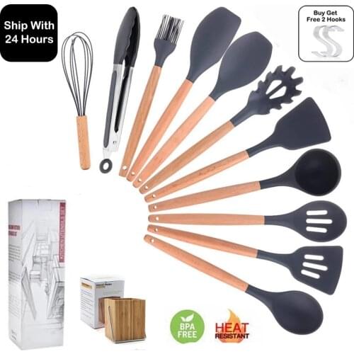 11PCS of Kitchen Utensils Set Cooking Tools Set Silicone with Holder Box Nonstick Spatula Wooden Cookware Appliances Kitchenware