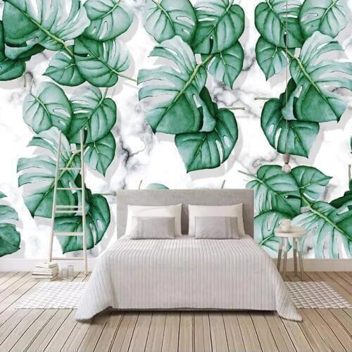 Custom 3D Wall Murals Green Leaves Marble Pattern Waterproof Mural Wallpaper For Living Room Kitchen Bedroom Photo Wall Covering