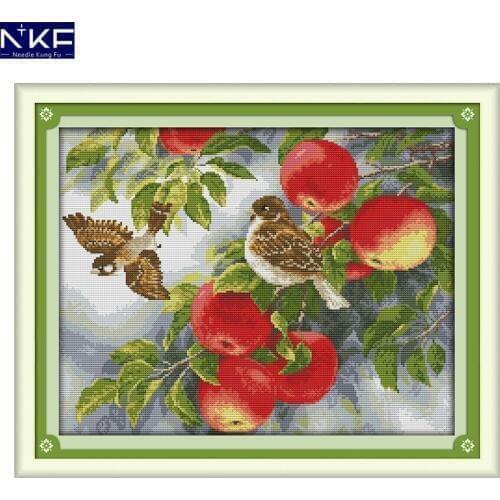 NKF Birds and Apples Animal Cross Stitch Set Handmade Craft Needlework Cross-Stitch Embroidery Kit Cross Stitch for Home Decor