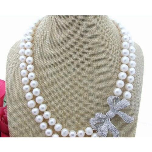 Beautiful New 9-10MM White Pearl Rhinestone Necklace 18"