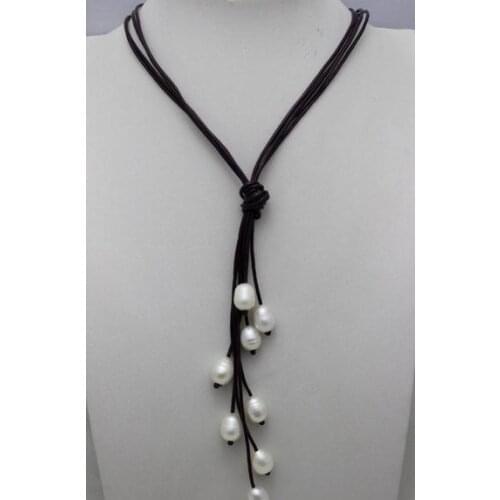 New Arriver Leather Necklace Leather 8 Beads White Freshwater Pearl Necklace 10x12mm 21'' Handmade Pearl Jewelry