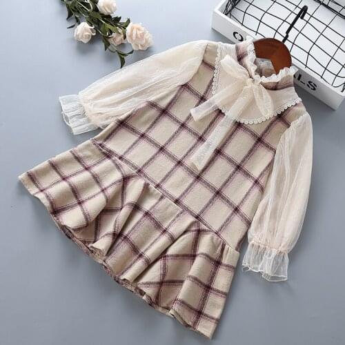 3-7 years High quality girl dress 2019 autumn new fashion casual plaid bow full sleeve kid children girl clothing princess dress