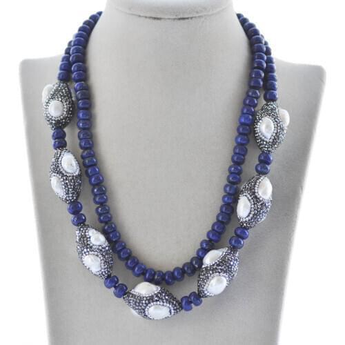 Z10317 2Row 19" Blue Lapis-Lazuli Pearl Shuttle CZ Necklace