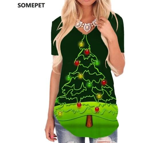 SOMEPET Christmas T-shirt women Trees T-shirts 3d Moon V-neck Tshirt Party Shirt Print Womens Clothing Fashion Casual Tops