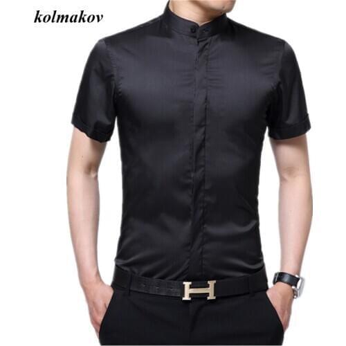 New Arrival Summer Style Men Boutique Short Sleeve Shirt Fashion Casual Solid Stand Collar Covered Button Men Short Sleeve Shirt