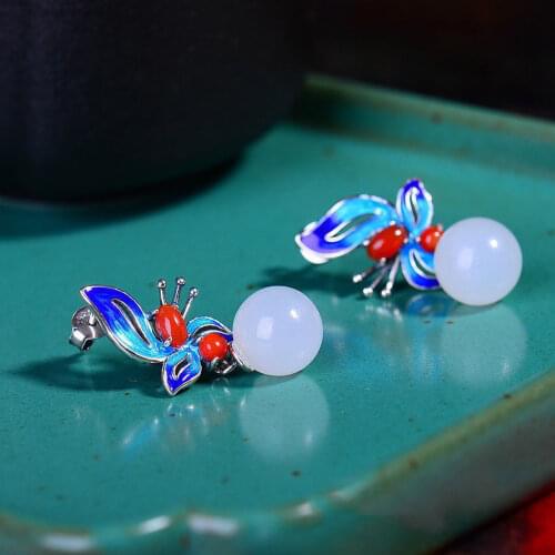 Natural Hetian Jade White Jade South Red Earrings S925 Sterling Silver Roasted Blue Orchid Earrings Retro Chinese Style Ethnic E
